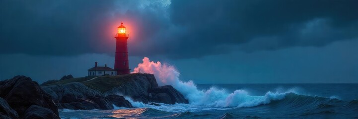 Lighthouse withstanding fierce storm, waves crashing, powerful beam cutting through driving rain and wind, solitary beacon in tempestuous night, dramatic power of nature.
