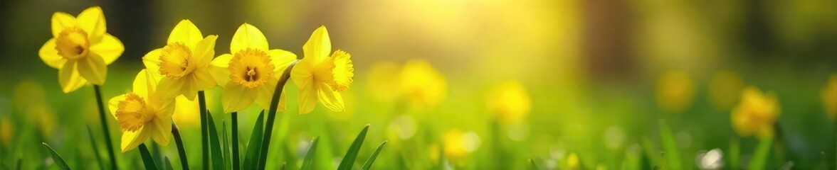 A vibrant cluster of yellow daffodils blooming in a lush green springtime meadow, bathed in soft sunlight  Perfect for spring themes, Easter, and nature imagery ,  sunshine,  vibrant,  natural