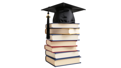 Graduation Cap on a Stack of Books – Education and Achievement Concept Isolated on Transparent Background