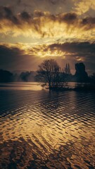 Melancholy dusk sky reflected on rippling water with distant silhouetted trees illustration