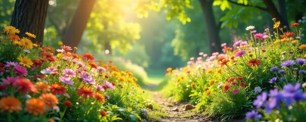 Vibrant summer scene bursting with colorful flowers, lush greenery, and bright sunlight  Perfect for summer themes, travel, nature, and vibrant backgrounds ,  sunny,  joy,  summer vibes