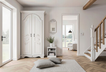 Obraz premium An elegant, ornate white armoire with classic carved details stands in a bright and airy bedroom, epitomizing romantic French country and shabby chic design styles. 