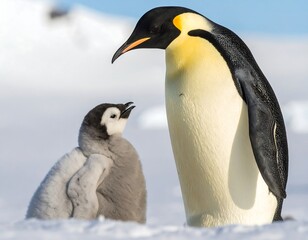 Fototapeta premium Emperor penguin and chick in snowy landscape