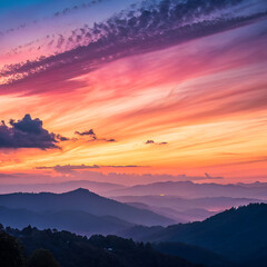 Vibrant sunset paints the sky over rolling mountains and distant haze