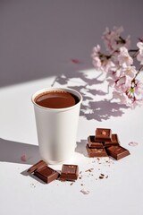Hot chocolate in a tall slender takeaway white paper cup with chocolate pieces illustration