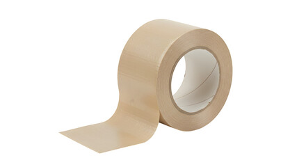 Tan packing tape roll shows adhesive texture with paper core. Ideal for product photography, packaging mockups, and branding.