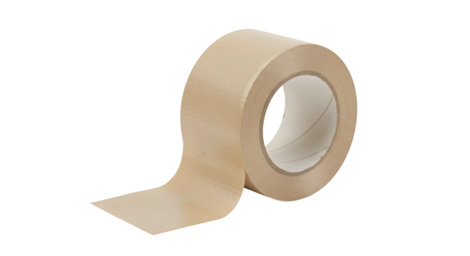 Tan packing tape roll shows adhesive texture with paper core. Ideal for product photography, packaging mockups, and branding.