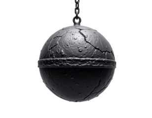 Black Wrecking Ball with Cracks Hanging from a Chain in a Studio