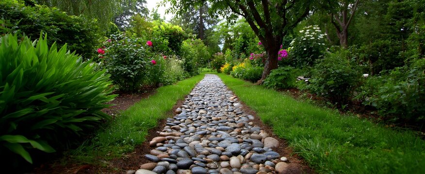 The common garden path is edged with grass and small stones.