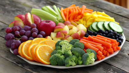 Colorful platter of fresh fruits and vegetables arranged artfully