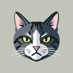 Flat style domestic cat face head icon symbol. Animal muzzle with green serious eyes. Cute pet vector illustration