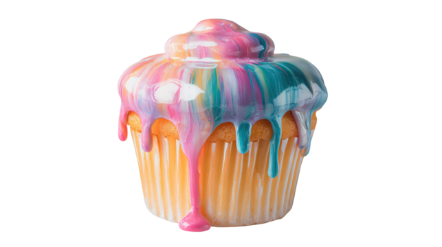 Vanilla cupcake with yellow whipped cream frosting isolated on white background.