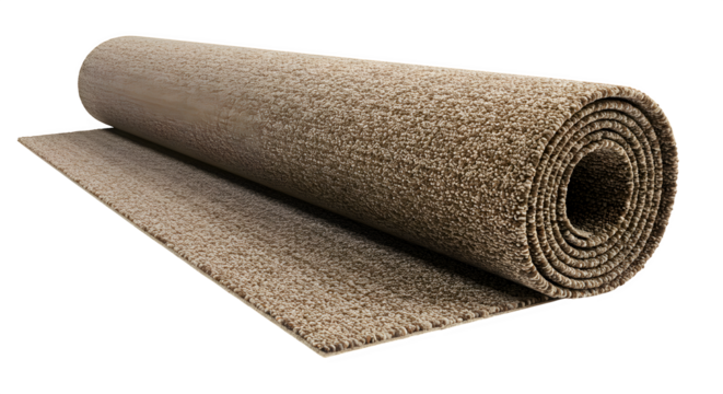 Beige textured rug rolls up on a dark surface. Use for interior design, presentations, backdrops, or product showcase.