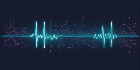 Naklejka premium Abstract medical technology illustration: blue background with a green heartbeat pulse wave forming a heart shape on a monitor screen