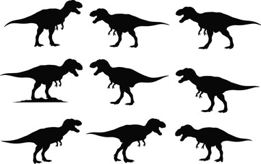 Tyrannosaurus rex silhouettes, dinosaur poses, prehistoric animal vector, fossil reptile art, Jurassic 