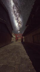 Fototapeta premium The Milky Way galaxy brightly illuminates the night sky above a traditional Japanese temple complex.