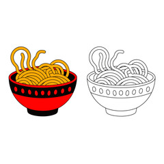 noodles, ramen, bowl, chopsticks, vector, clipart, food, Asian, cuisine, steaming, soup, hot, illustration, graphic, minimal, modern, red, appetizing, delicious, dinner, lunch, kitchen, design, flat, 