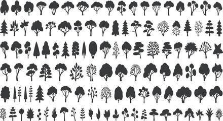Large collection of tree silhouettes isolated on white background, forest plants vector set, nature design elements, ecology, landscape, garden, environment