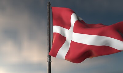 Danish Flag in the Wind: A vibrant Danish flag proudly waves in the breeze against a backdrop of an overcast sky. The scene encapsulates the essence of national pride and identity.