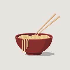noodles, ramen, bowl, chopsticks, vector, clipart, food, Asian, cuisine, steaming, soup, hot, illustration, graphic, minimal, modern, red, appetizing, delicious, dinner, lunch, kitchen, design, flat, 