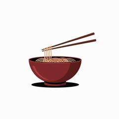 noodles, ramen, bowl, chopsticks, vector, clipart, food, Asian, cuisine, steaming, soup, hot, illustration, graphic, minimal, modern, red, appetizing, delicious, dinner, lunch, kitchen, design, flat, 