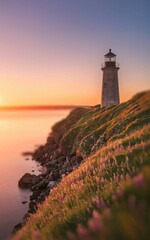 Serene lighthouse silhouette against a vibrant sunset over a calm ocean horizon illustration