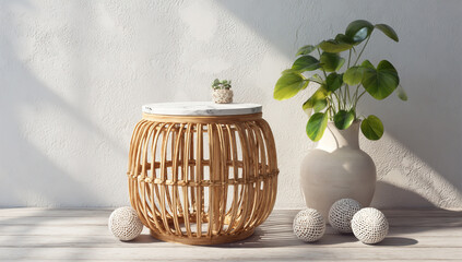 Wicker basket with plant and decorative balls on wooden surface