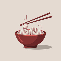 noodles, ramen, bowl, chopsticks, vector, clipart, food, Asian, cuisine, steaming, soup, hot, illustration, graphic, minimal, modern, red, appetizing, delicious, dinner, lunch, kitchen, design, flat, 
