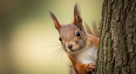 Curious Red Squirrel Peeking from Behind a Tree Trunk in Autumn