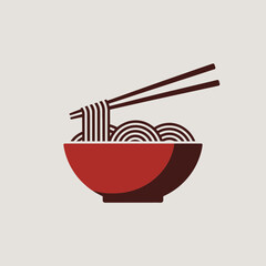 noodles, ramen, bowl, chopsticks, vector, clipart, food, Asian, cuisine, steaming, soup, hot, illustration, graphic, minimal, modern, red, appetizing, delicious, dinner, lunch, kitchen, design, flat, 