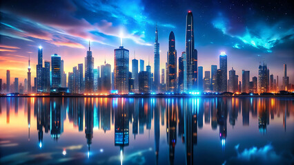 Fototapeta premium Abstract Futuristic Glowing City Skyline Reflecting Lights In Modern Sci Fi Landscape 