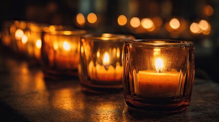 Row of glowing candles in glass candlesticks with warm amber light, soft bokeh background, serene spiritual atmosphere, detailed wax texture, Day of the Dead memorial concept