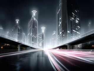 Illuminated skyscrapers emitting wifi signals, symbolizing the network in a smart city with light trails from traffic