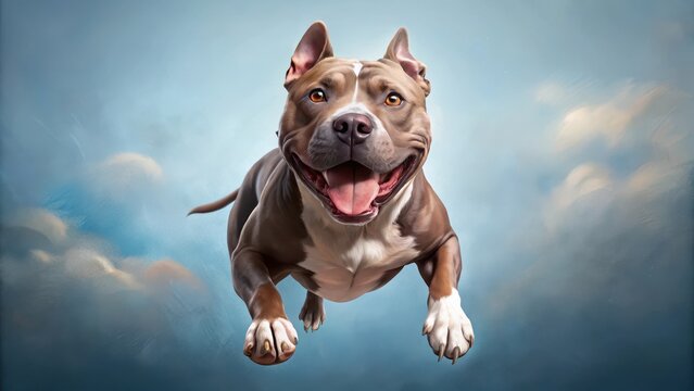 Funny amstaff dog with crazy eyes flying in air