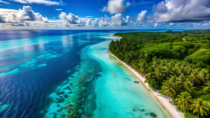 Cinematic Aerial Drone View Of Turquoise Tropical Ocean Lagoon With White Sand Beach  