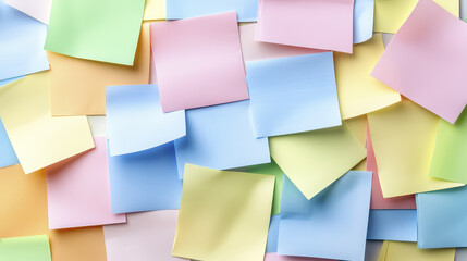 Fototapeta premium Colorful sticky notes in various pastel shades scattered on surface create vibrant and organized workspace