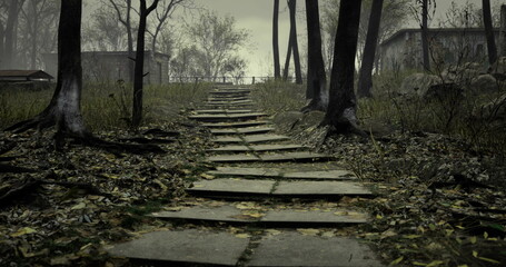 A winding stone pathway leads through a foggy forest filled with leafless trees. Abandoned buildings dot the landscape, creating a haunting atmosphere during twilight.