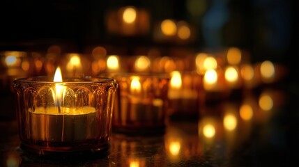 Row of glowing candles in glass candlesticks with warm amber light, soft bokeh background, serene spiritual atmosphere, detailed wax texture, Day of the Dead memorial concept