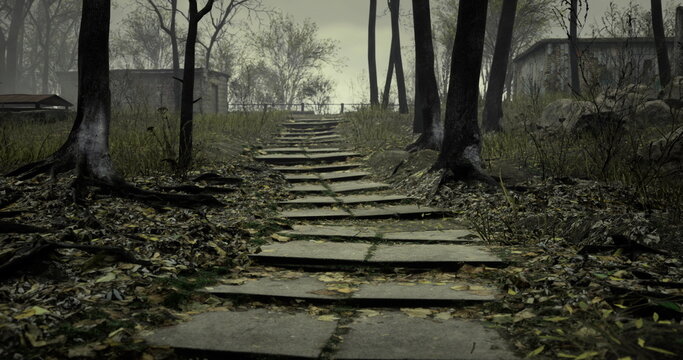 A winding stone pathway leads through a foggy forest filled with leafless trees. Abandoned buildings dot the landscape, creating a haunting atmosphere during twilight.