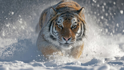 Tiger running through snow with snow spray in the air