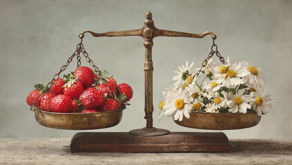 Strawberries and daisies on a scale, representing balance and choice