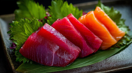 鮮やかな色合いのマグロとサーモンの刺身を大葉の上に盛り付けた和食