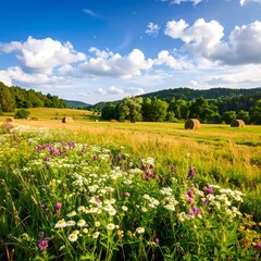 Obraz premium A sunny meadow with wildflowers and hay bales