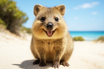 Happy quokka smiling on a sunny beach with ocean in background, showing cheerful expression and cute furry face in bright natural light. Ai generative