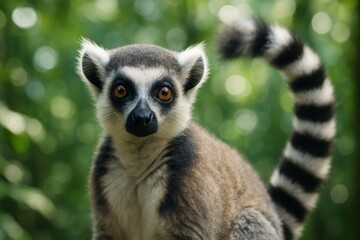 Close-up of ring-tailed lemur with bright eyes and striped tail in forest with soft bokeh light background, showcasing wildlife beauty.. Ai generative