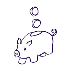 Piggy bank sketch with coins, hand drawn money saving icon