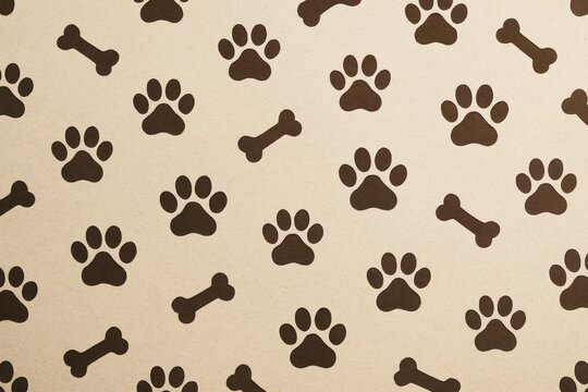 Seamless pattern of dark dog paw prints and bones on light textured background for pet-themed decoration or packaging design. Ai generative. Ai generative