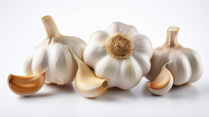 Fresh garlic isolated on white background. Raw organic vegetable for cooking, diet, and healthy eating.