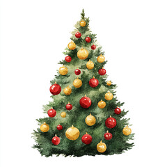 Watercolor christmas tree decorated with red and gold ornaments isolated on white background
