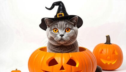 Spooky Cute: Grey Cat in Halloween Pumpkin, Witch Hat